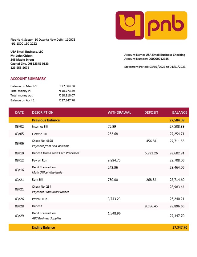 Modèle Word et PDF de déclaration commerciale de la Banque nationale du Pendjab